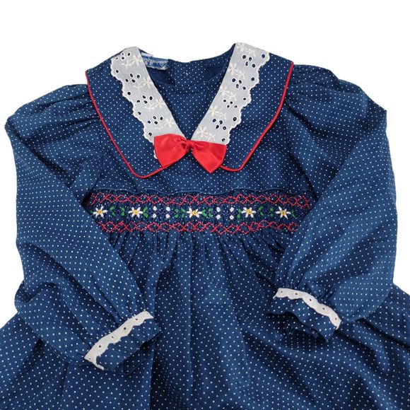 Vintage Polly Flinders Smocked Dress Size 24mo Blue Calico Dot